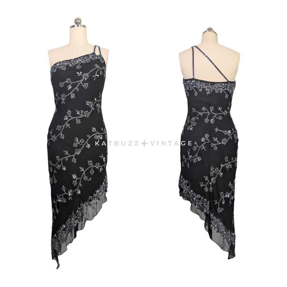 Vintage Cache Prom Dress Midi Maxi Gown M Black Silk Bead Floral Y2K Fairy Goth